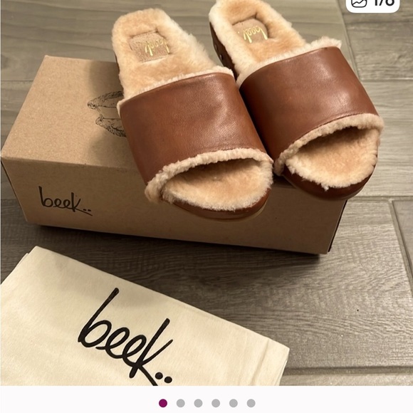 Beek Leather Women Size 9 Pelican Shearling Platform Slides Cognac Wool Leather - Picture 12 of 12